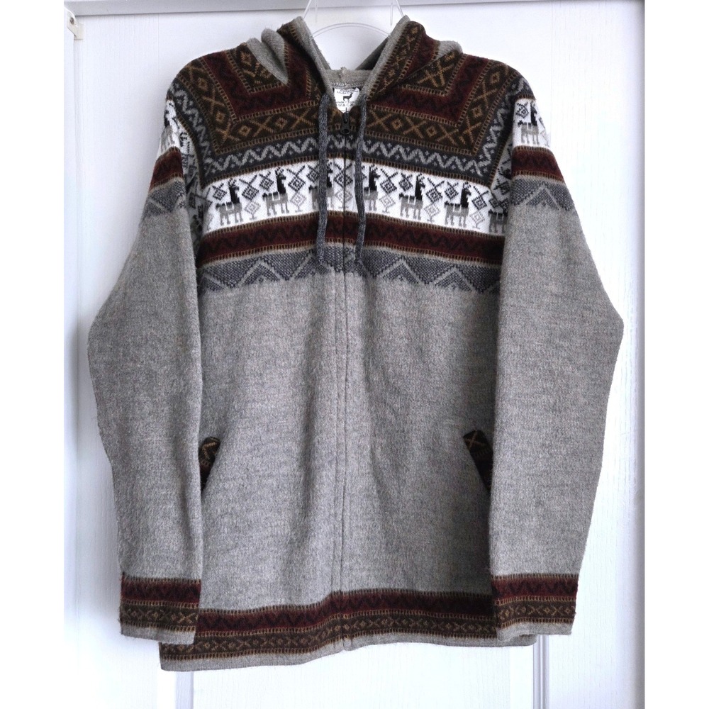 Artesanias Hand Made Ecuador Alpaca Wool Hoodie Zip Up Sweater Grey Sz L